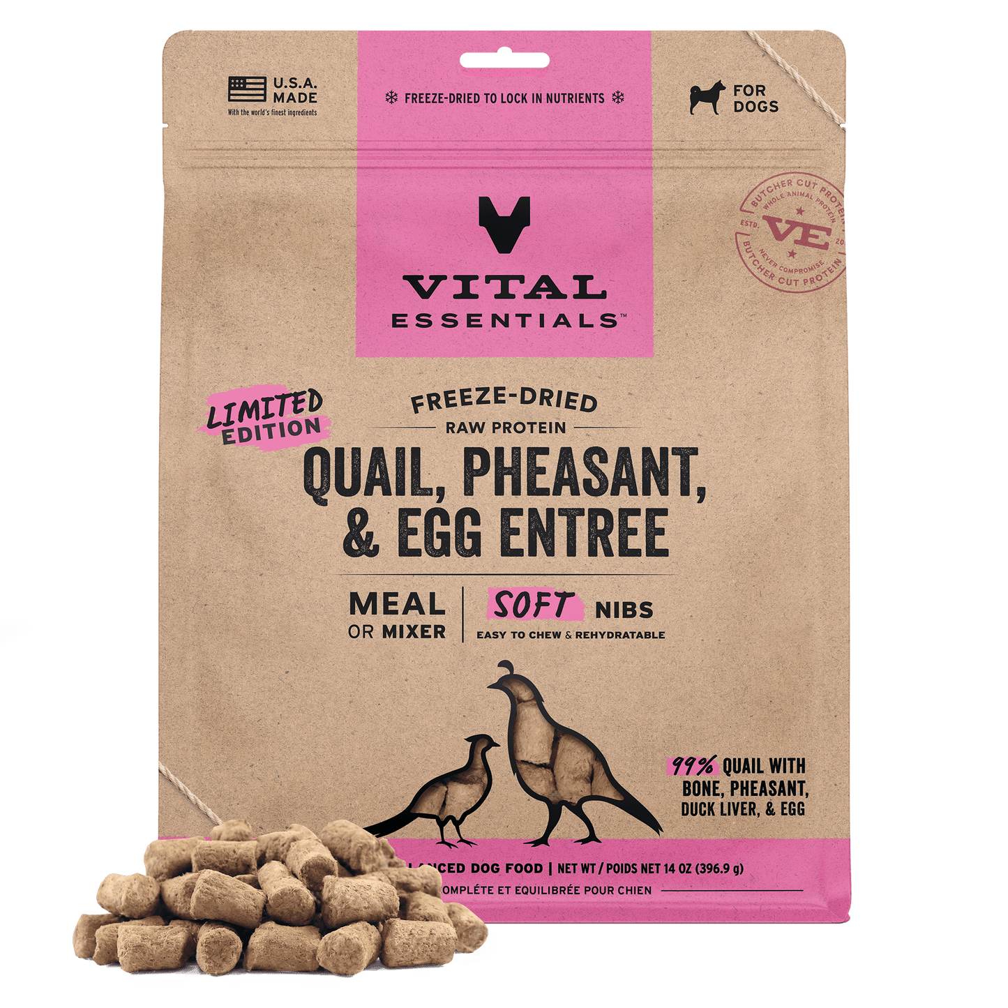 Vital Essentials FD Raw Quail, Pheasant, and Egg Soft Nibs for Dogs